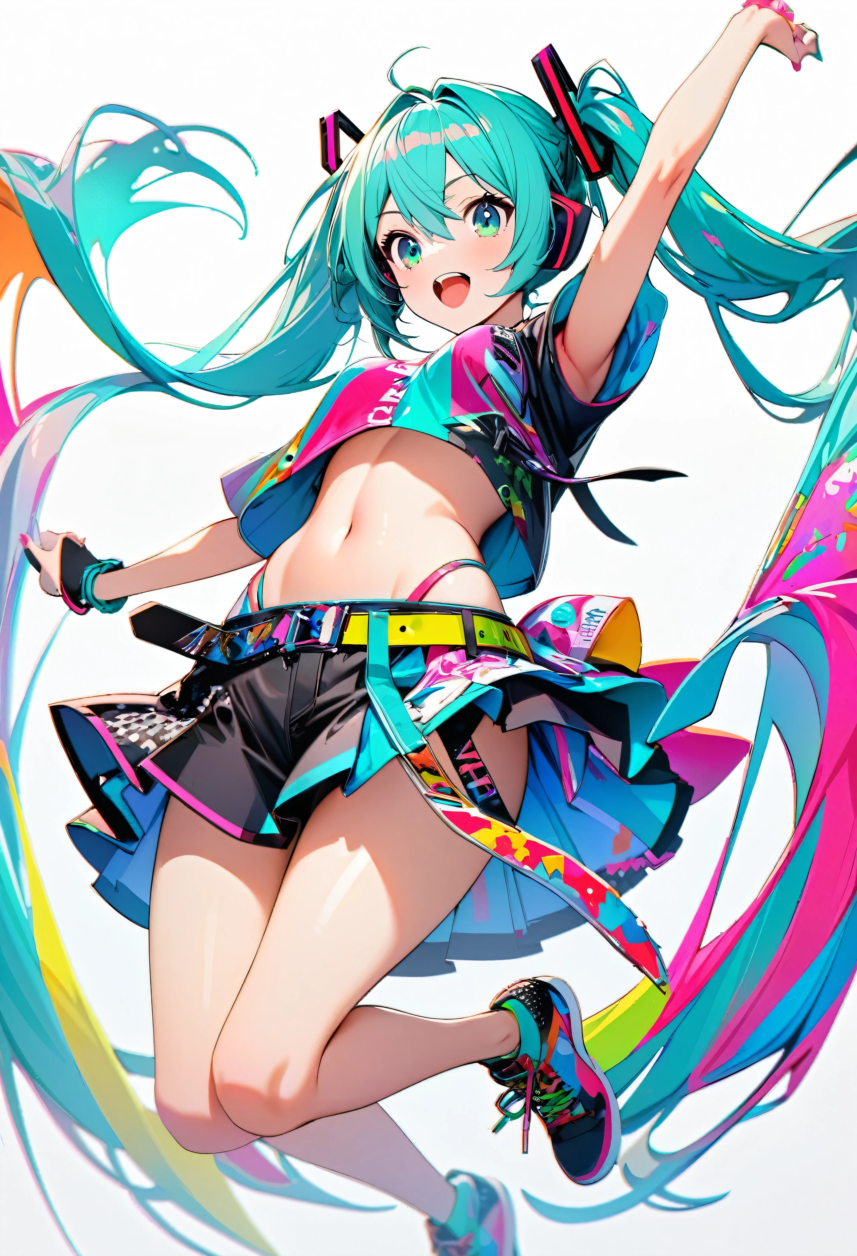 hatsune_miku, jumping, pop clothes, bare legs, belt on right leg, beautiful stomach, colorful, bright, perfect hand, simple white background, ultra detailed, 8k