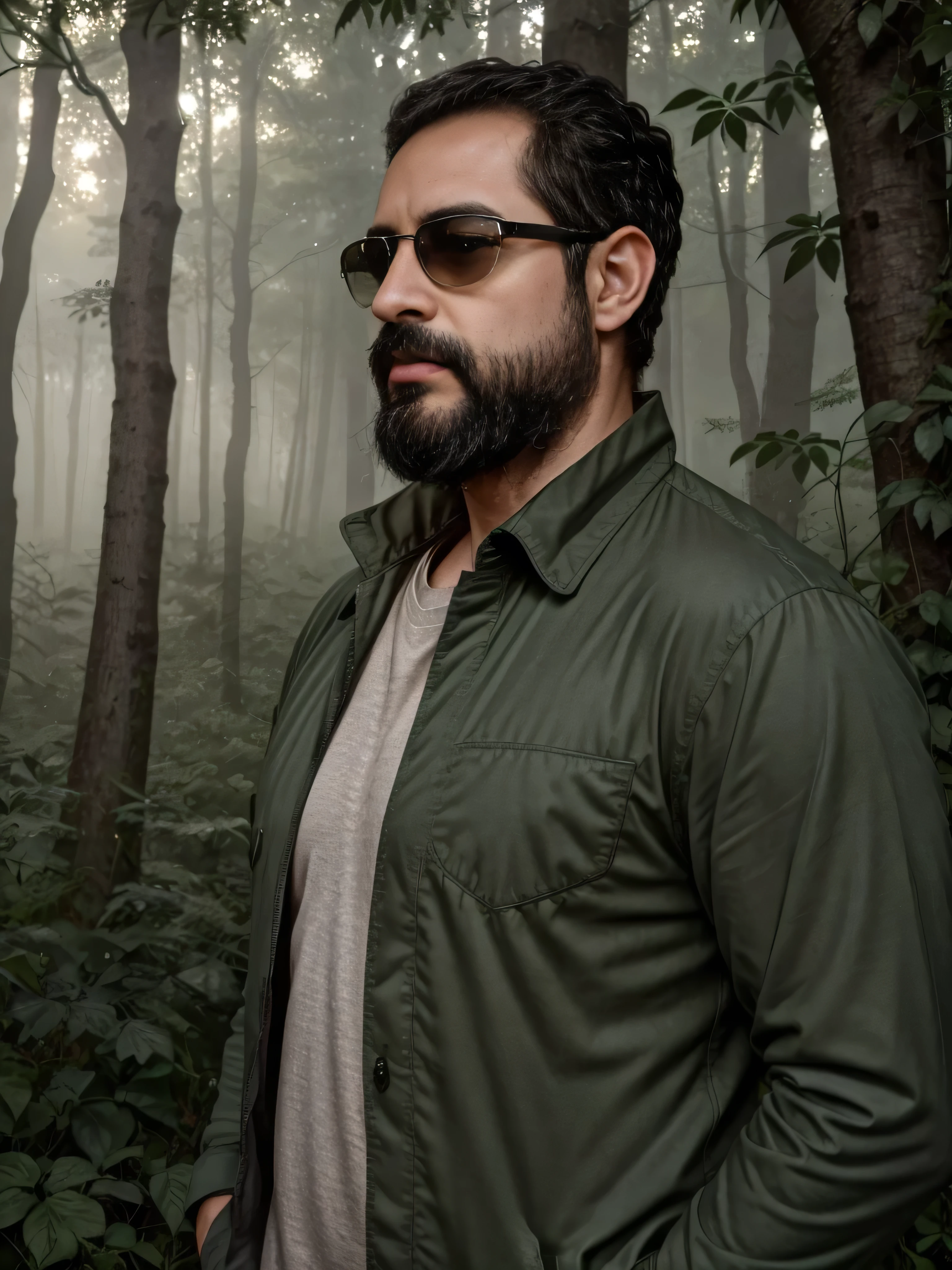 Create an ultra-detailed digital art image featuring a very masculine 38-year-old man with a beard and wearing dark sunglasses. He is shown in a medium shot, displaying the upper part of his body. The setting is a serene and mystical forest at dawn, with soft sunlight filtering through the trees. He wears a rugged, dark green jacket over a fitted shirt, blending with the natural surroundings. The forest is filled with lush greenery, dappled light, and an ethereal mist that adds a touch of magic to the scene. His expression is calm and contemplative, perfectly fitting the tranquil environment. The image should be rich in detail, capturing the texture of his clothing, the reflection in his sunglasses, and the serene beauty of the forest.