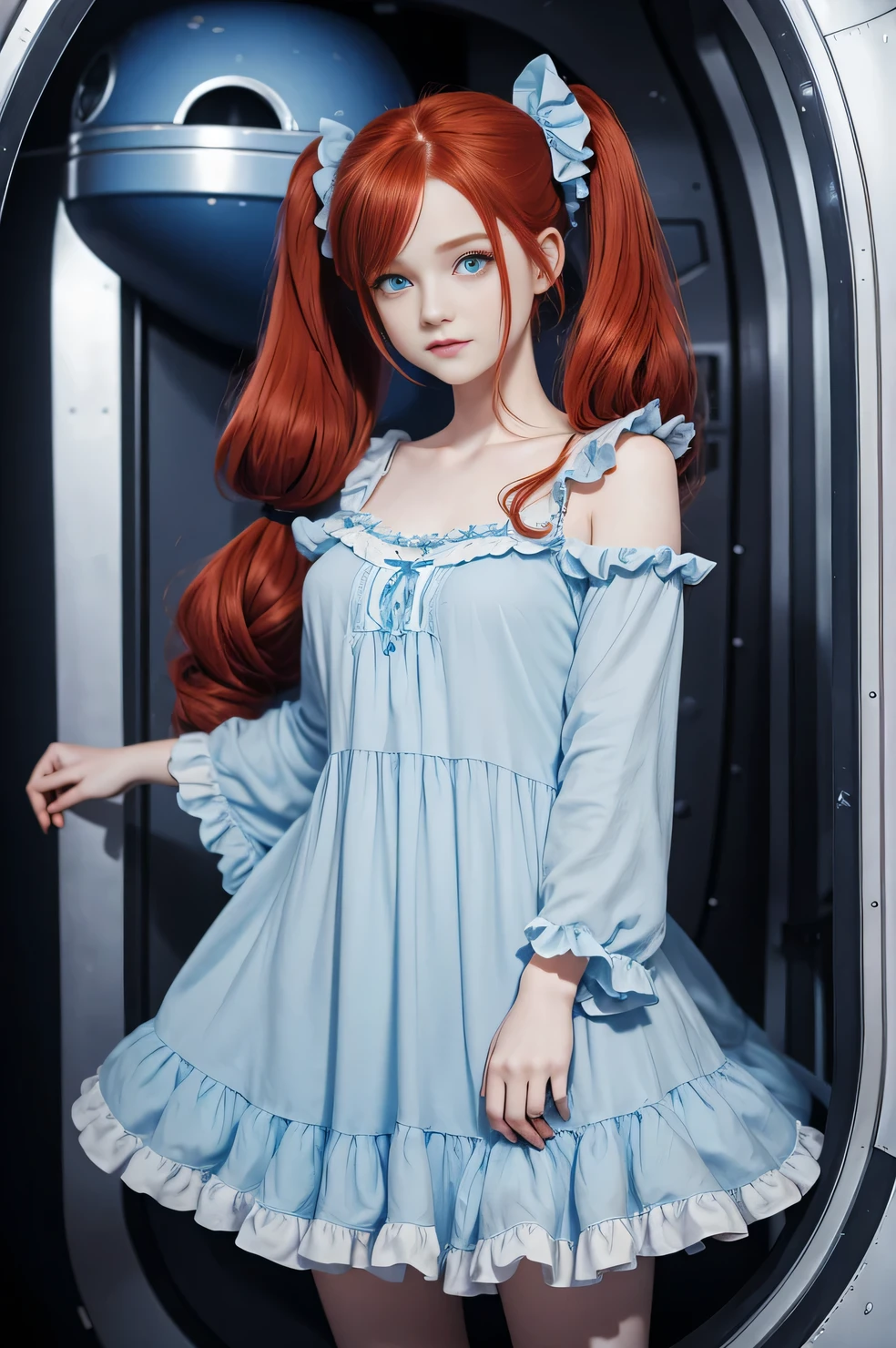 cute redhead 18-year-old woman, happy, in twin tails, perfect blue eyes, perfect dainty hands, pale goth skin, wearing a pastel blue nightgown, frilly nightgown, standing on a space ship.