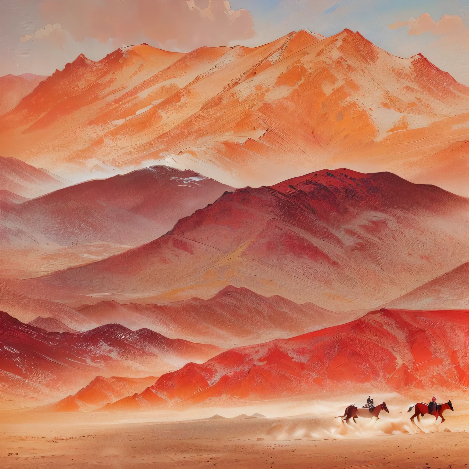 painting of two horses running in a desert with Mountains in the background, landscape with red Mountains, High quality landscape, flaming Mountain, Bright red desert sand, Mountains, Mountainscape, Red Mountain peak in the background, Inspired by Kiyoshi Saito, Mountains in a background, author：Jules Olitski, Inspired by Higashi Mountain Kaii, Mountain