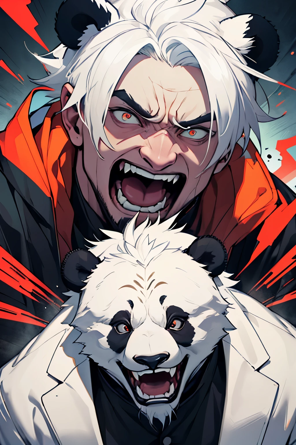 guy, dude, male, with panda ears, white hair, masculine, 2d scared screaming face with eyes popping out, but make it more terrified, horrified, male, guy, dude with panda ears