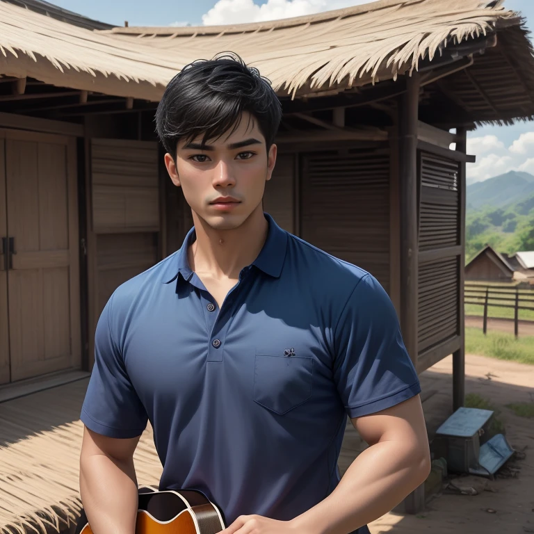 Aaraf wearing a blue shirt holds a guitar in front of a hut., wearing a polo shirtสีน้ําเงินเข้ม, wearing a polo shirt, In a dark teal polo shirt., Asian male, Portrait, Niwan Chandra, Thailand, navy, backdrop, Laos, Environmental Shot, Bangkok, Asian man, 'Luke', handsome, Asia, Clothing Photography, short sleeve