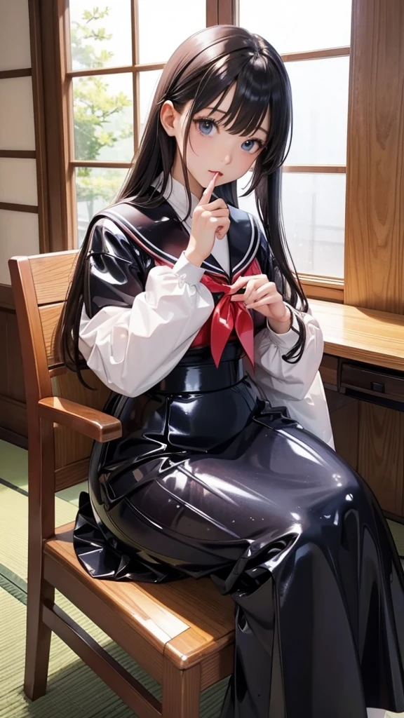 Beautiful Japan 、Latex sailor suit、Long sleeve、Tight long skirt、Latex shirts、Sitting in a chair、Latex has a strong shine, like oil.、The clothes fit very well
