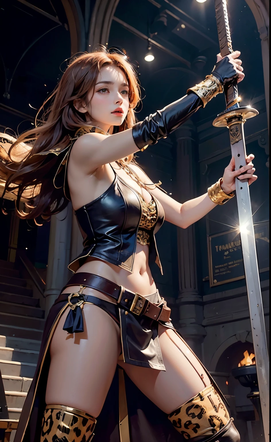 Ancient female gladiator, female gladiator, leopard skin long robe, amphitheater, gladius sword, large shield, tunica, long golden hair, leather belt, leather vest, cloth loincloth, masterpiece, dynamic pose