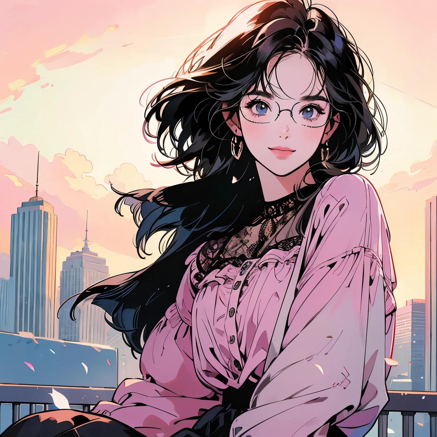 whole body、Kind Face、1 pretty woman、4k、blouse、skirt、Rooftop、skyscraper、Large space、Sunset、Complex background、Detailed Hair、smile、Black Hair、Faint lighting、Wearing glasses、short hair length