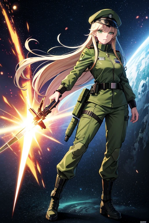 Anime drawings、Full body portrait、Space Sci-Fi Soldier、A woman around 175cm tall, around 48 years old, wearing a dark green military uniform, holding a beam sword、Long hair tied up in one hairstyle、Platinum Blonde Hair、Military bootilitary cap、Green Eyes、Glaring