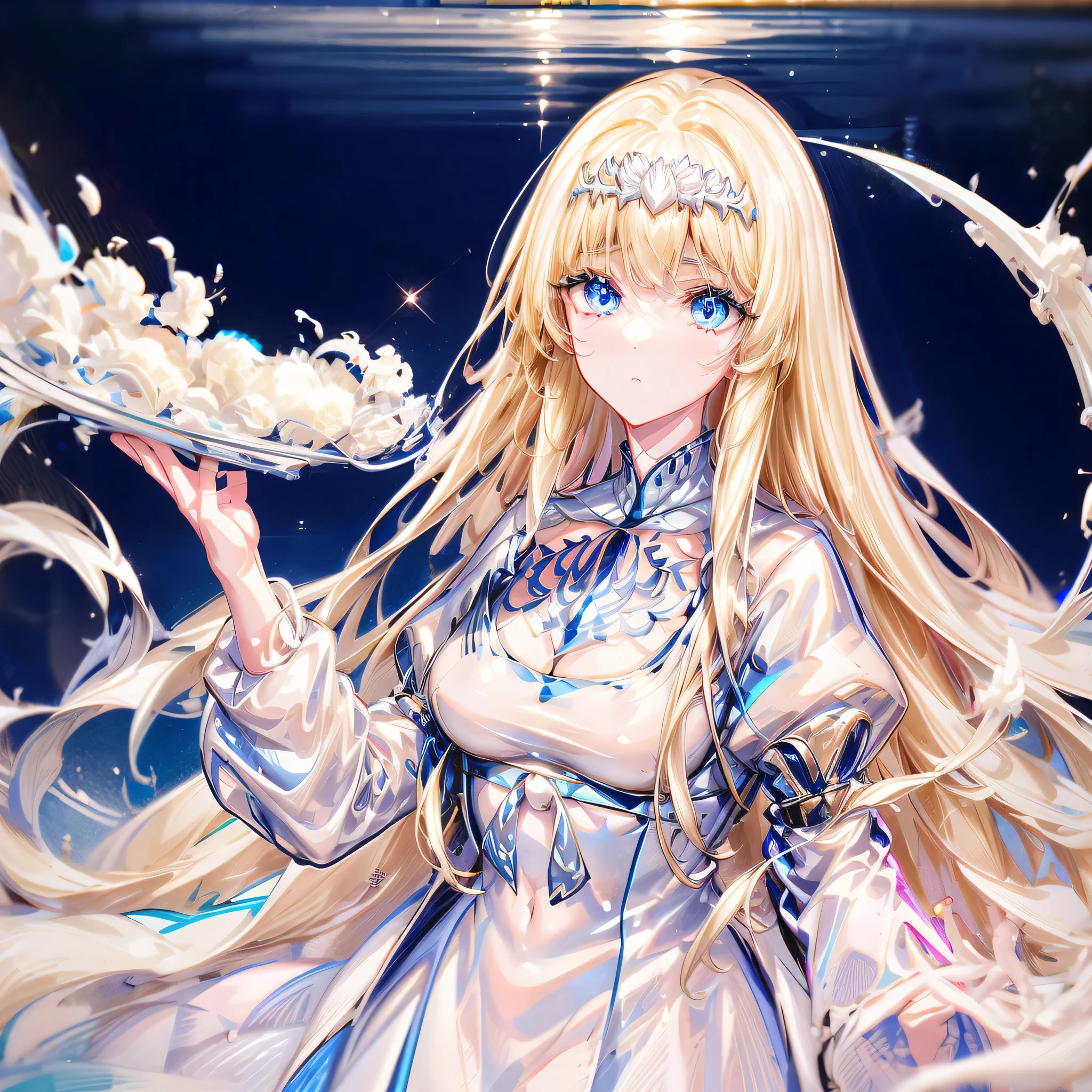 1 girl in、Eyes swaying anxiously、Eyelids lowered、、Long hair、,, solo, calca, blonde hair, , medium chest, extremely long hair, very long hair, extra long hair, white tiara, white dress, blue eyes, 