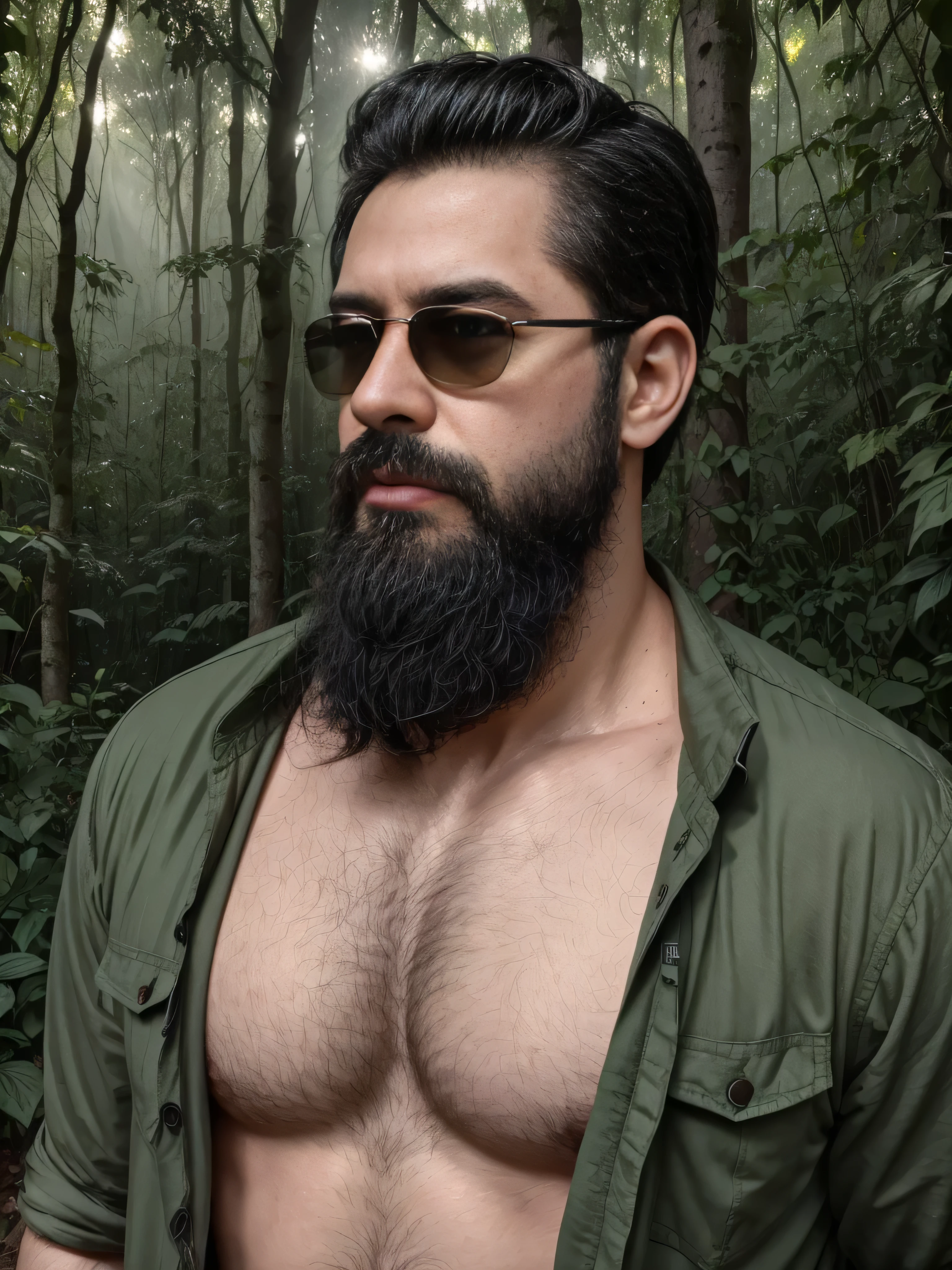 Create an ultra-detailed digital art image featuring a very masculine 38-year-old man with a beard and wearing dark sunglasses. He is shown in a medium shot, displaying the upper part of his body. The setting is a serene and mystical forest at dawn, with soft sunlight filtering through the trees. He wears a rugged, dark green jacket over a fitted shirt, blending with the natural surroundings. The forest is filled with lush greenery, dappled light, and an ethereal mist that adds a touch of magic to the scene. His expression is calm and contemplative, perfectly fitting the tranquil environment. The image should be rich in detail, capturing the texture of his clothing, the reflection in his sunglasses, and the serene beauty of the forest.