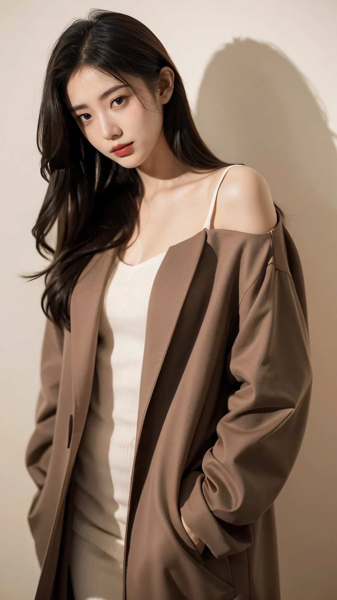 21-year-old girl, flowing long black hair, Standing confidently in front of a bright solid color background. She is wearing a stylish coat,Highlights her youthful charm. Her beautiful and delicate eyes teased mischievously, Capturing a sense of mischief and. Best image quality, With ultra-fine functions,Can present the realism and authenticity of artworks. Lighting is carefully designed, Highlighting her delicate features and casting soft shadows. The overall color tone is bright and eye-catching, Enhance the visual impact of the scene.