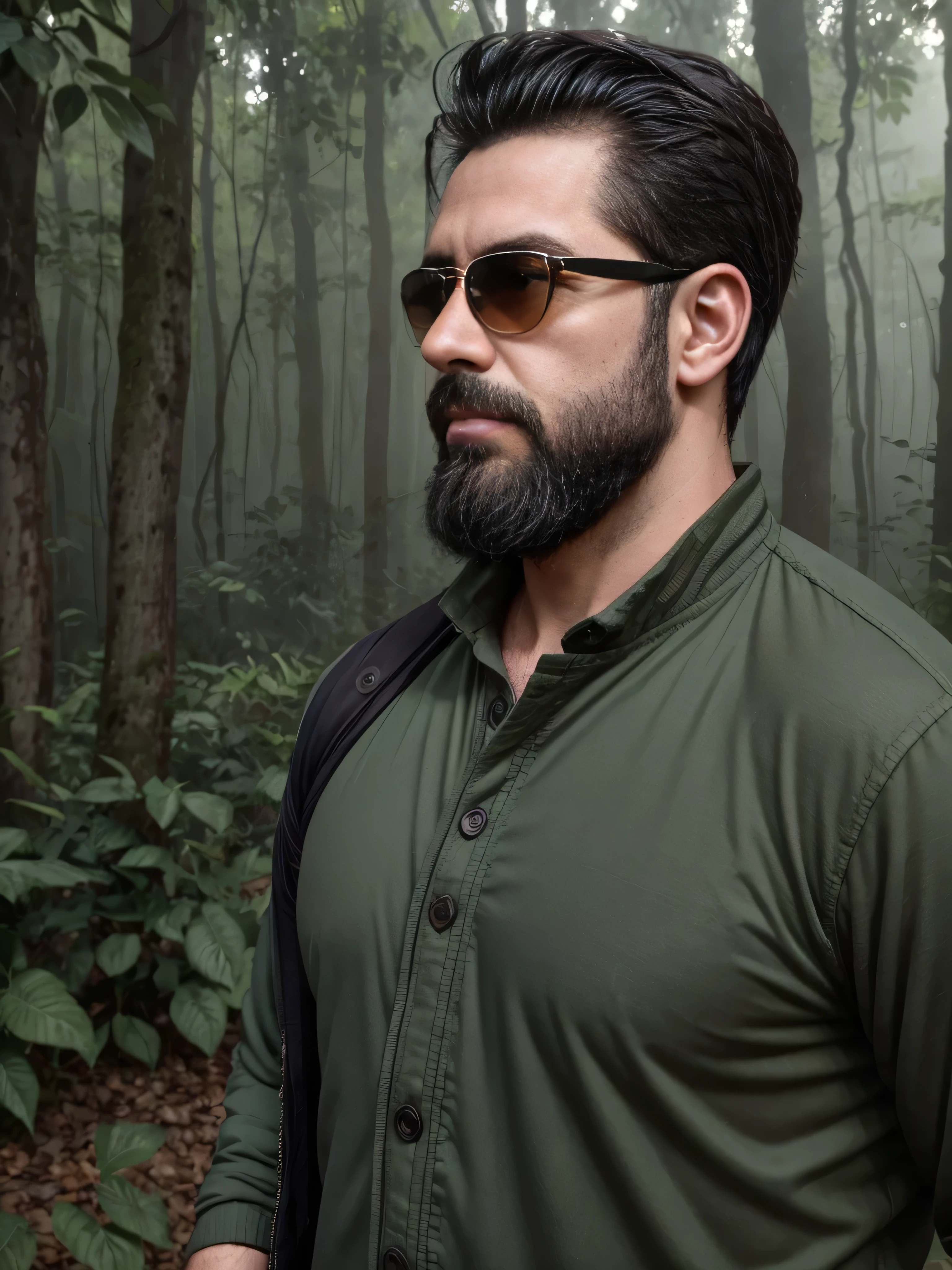 Create an ultra-detailed digital art image featuring a very masculine 38-year-old man with a beard and wearing dark sunglasses. He is shown in a medium shot, displaying the upper part of his body. The setting is a serene and mystical forest at dawn, with soft sunlight filtering through the trees. He wears a rugged, dark green jacket over a fitted shirt, blending with the natural surroundings. The forest is filled with lush greenery, dappled light, and an ethereal mist that adds a touch of magic to the scene. His expression is calm and contemplative, perfectly fitting the tranquil environment. The image should be rich in detail, capturing the texture of his clothing, the reflection in his sunglasses, and the serene beauty of the forest.