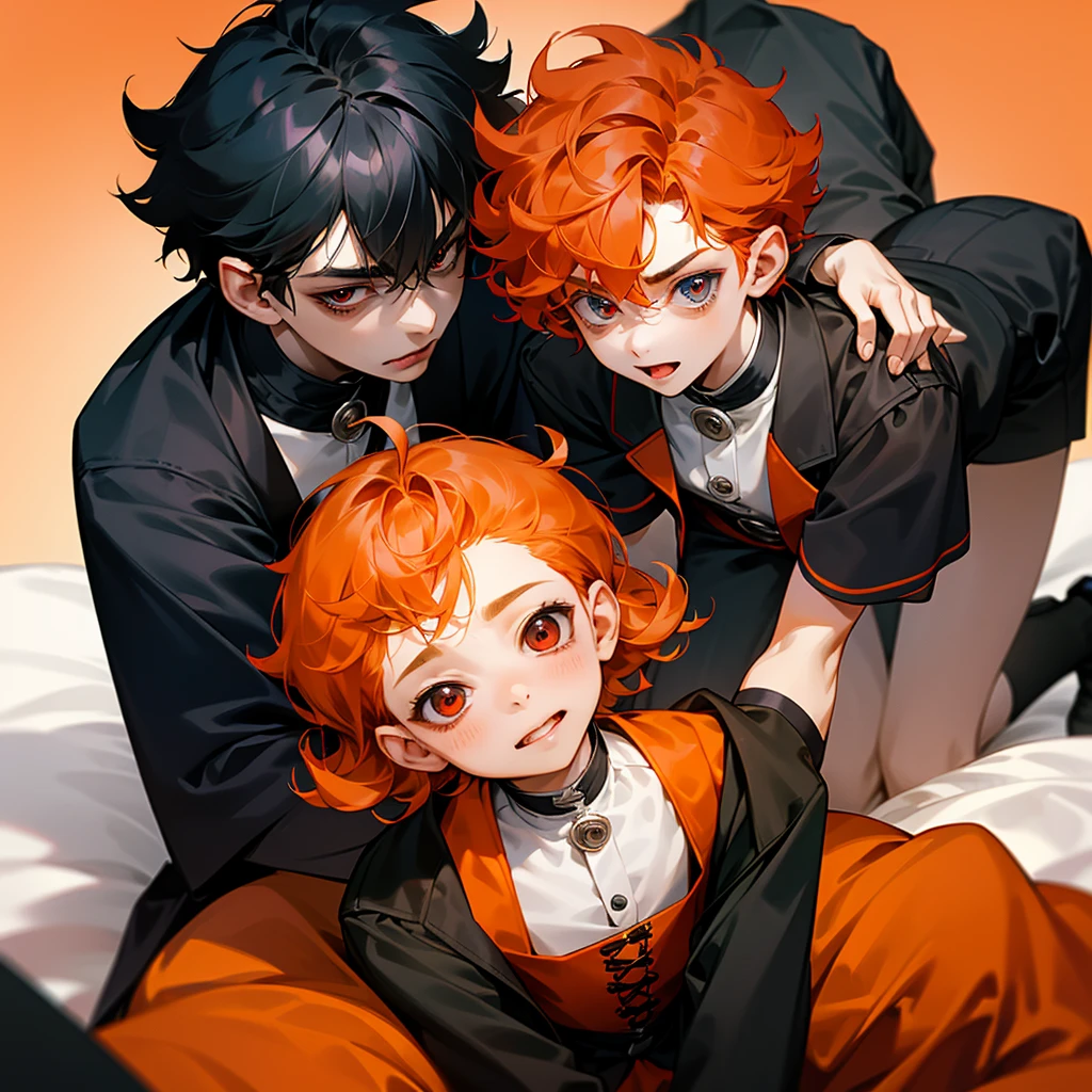 Only two little boys,both 9years old,first boy has short curly orange hair and blue eyes and cute expression face withe cute smile and wears acute outfit……the other boy has black shaggy hair and red eyes and sharp expression face and wears a black jacket,8k,pixive,masterpiece