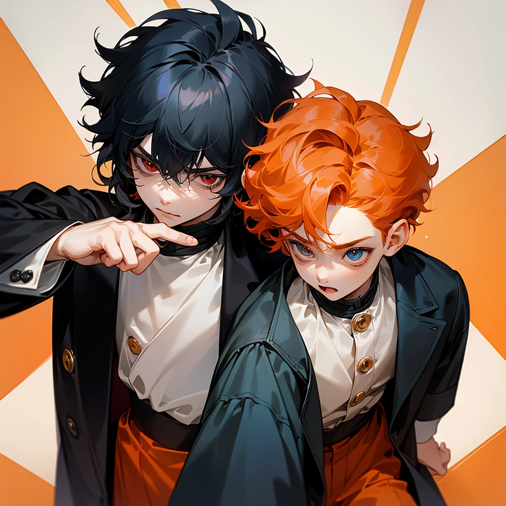 Only two little boys,both 9years old,first boy has short curly orange hair and blue eyes and cute expression face withe cute smile and wears acute outfit……the other boy has black shaggy hair and red eyes and sharp expression face and wears a black jacket,8k,pixive,masterpiece