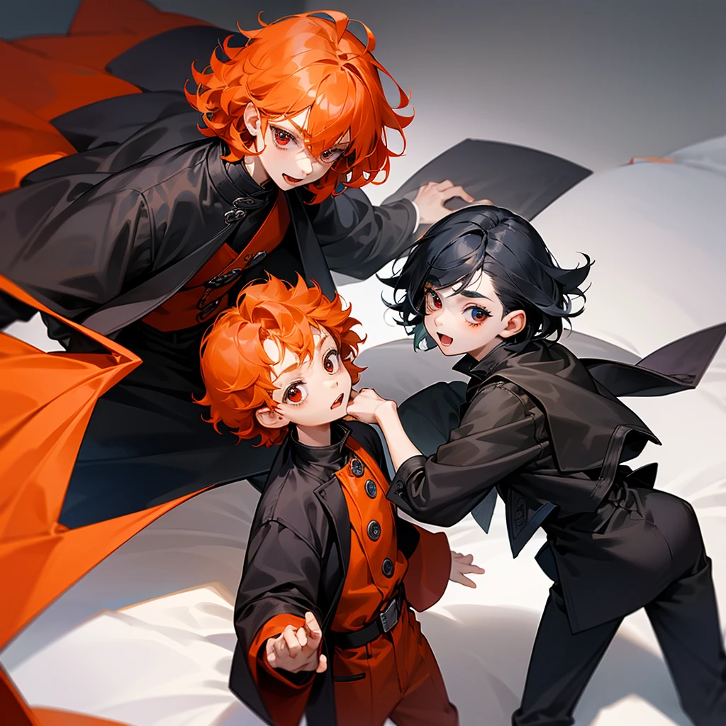 Only two little boys,both 9years old,first boy has short curly orange hair and blue eyes and cute expression face withe cute smile and wears acute outfit……the other boy has black shaggy hair and red eyes and sharp expression face and wears a black jacket,8k,pixive,masterpiece