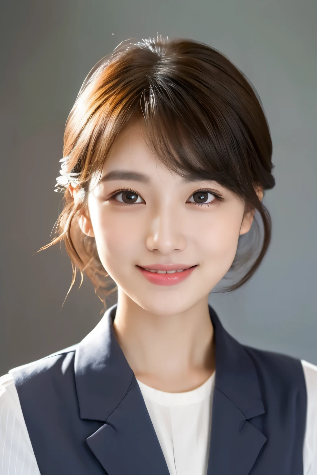 (Very detailedな CG Unity 8k 壁紙, highest quality, Very detailed, Looking at the camera:1.2, The light shines on your face:1.5, Gray background, Professional Lighting), Japanese women, 26 years old, Brightly lit upper body composition of a face. She has an oval face, Soft arched eyebrows, bright expressive eyes,,, pronounced nose, And a friendly smile. Her hair is shoulder-length, straight, Dyed a pale chestnut color. She is wearing a smart casual blouse, Probably soft colors, Pair it with a chic blazer, Embody her lively and sociable personality