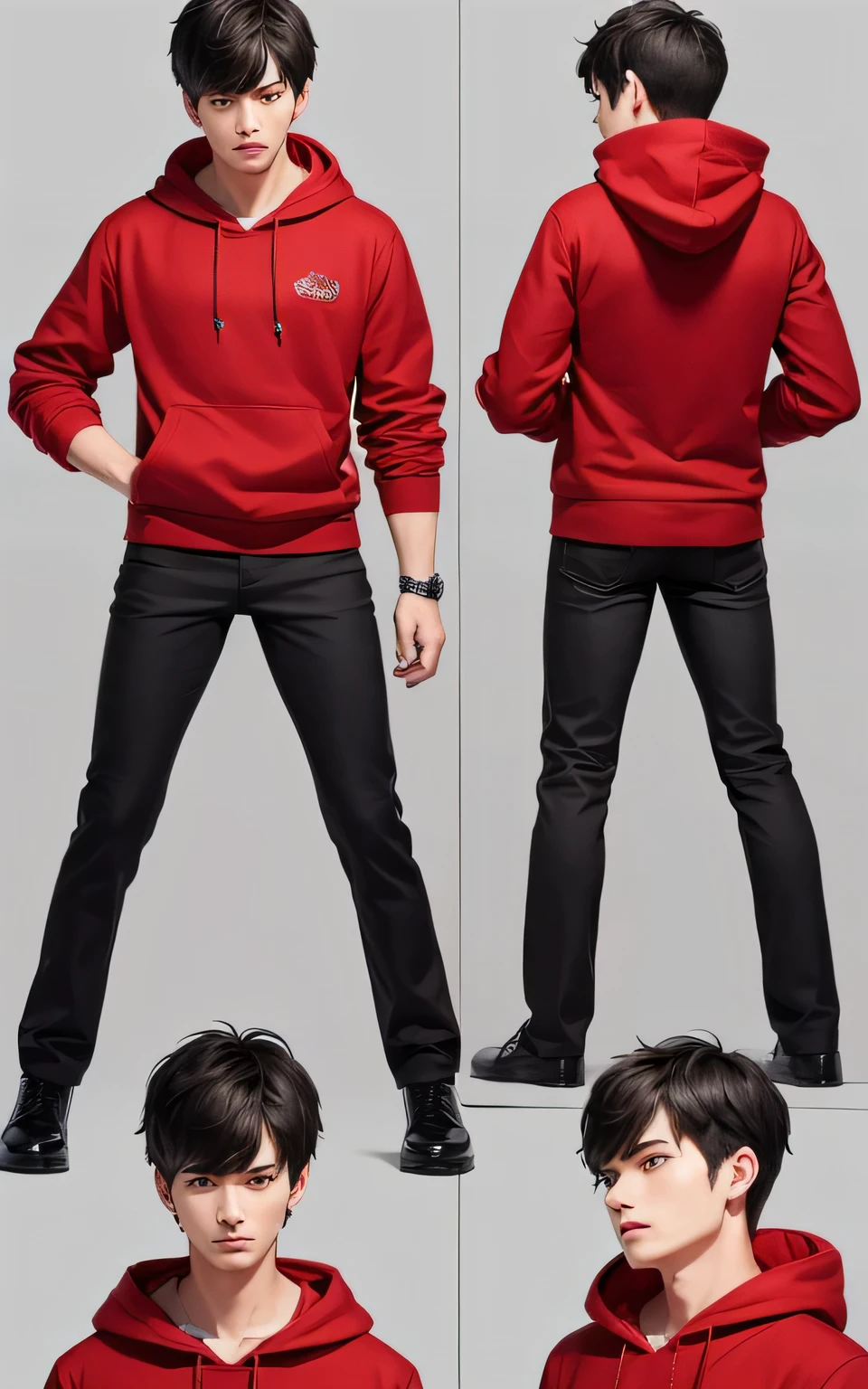 Super detailed, 8k, boy , Black hair , red Hoodie, gray trousers, very detailed faces, horn on the head,