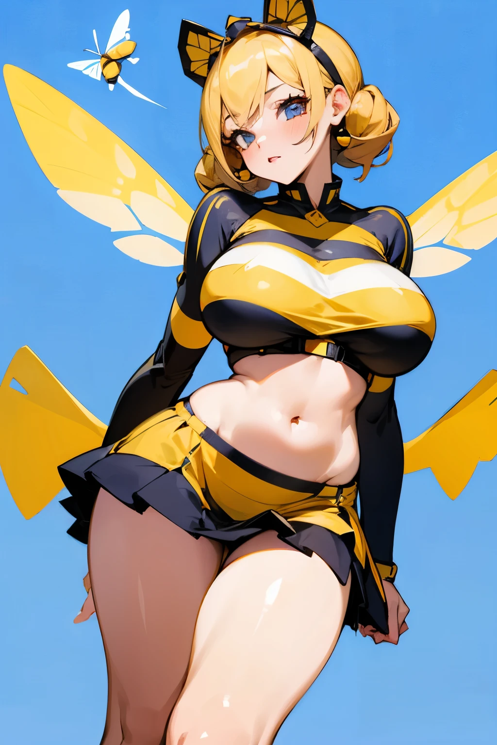 Girl, bee, striped bee costume, big breasts, exposed belly, short skirt, bee wings, queen bee, blue background