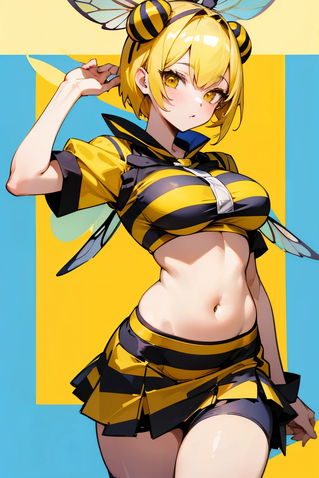 Girl, bee, short yellow hair, yellow eyes, striped bee costume, big breasts, exposed belly, short skirt, bee wings, queen bee, blue background