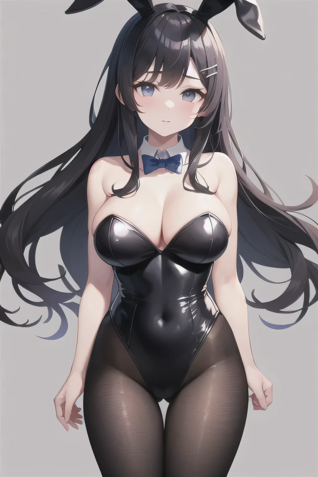 (Rascal Does Not Dream Of Bunny Girl Senpai Mai Sakurajima), (orginial: 1.2),solo,1girl, big breast, bunny costume, wears bright black high heels and wraps her long, slender legs in translucent black tights. Similar to a black leotard, the outfit highlighted the lines of her body, while the chest made a firm, modest valley, waist-length black hair that has bangs hanging on the left side with a bunny-shaped barrette in the back, blue-purplish eyes and a slim and fit figure, (high regulation)