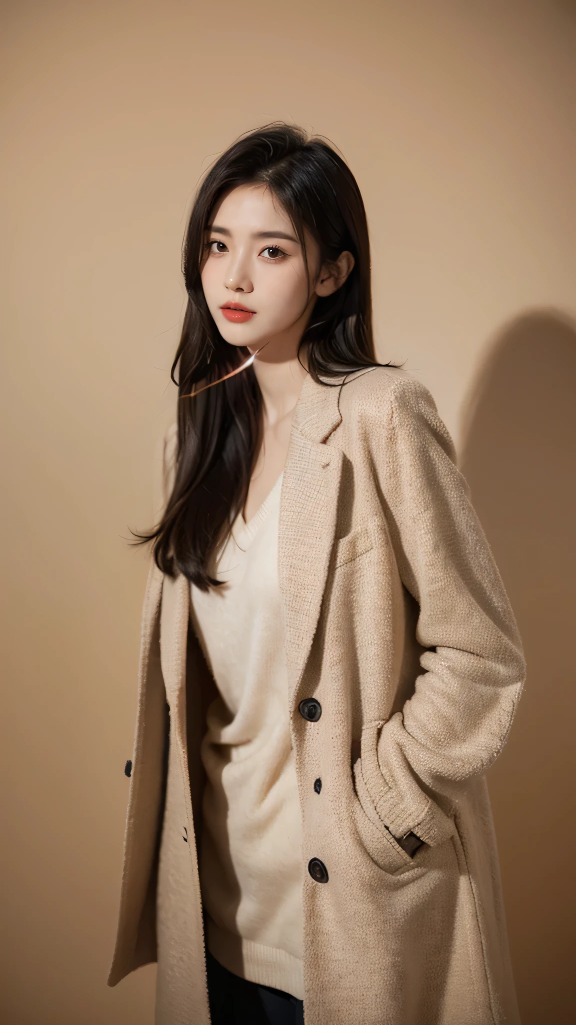 21-year-old girl, flowing long black hair, Standing confidently in front of a bright solid color background. She is wearing a stylish coat,Highlights her youthful charm. Her beautiful and delicate eyes teased mischievously, Capturing a sense of mischief and. Best image quality, With ultra-fine functions,Can present the realism and authenticity of artworks. Lighting is carefully designed, Highlighting her delicate features and casting soft shadows. The overall color tone is bright and eye-catching, Enhance the visual impact of the scene.