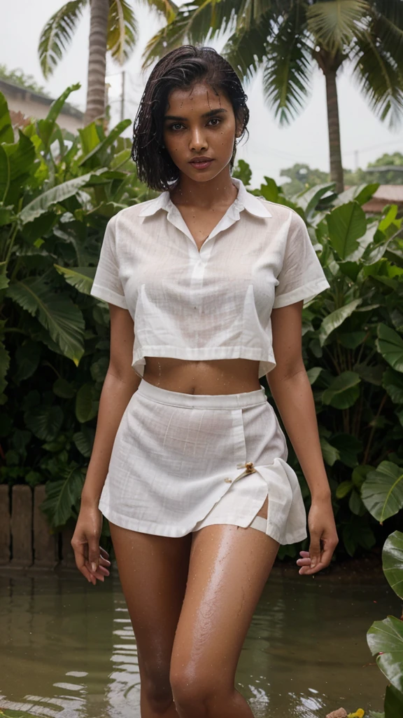 Indian model, 15 year old girl, athletic body type,dark brown oily skin, glossy red lips, short black hair, wearing linen uniform, wet body, wet linen uniform short skirt,raining, outdoor background, greenish background, full body view, high resolution