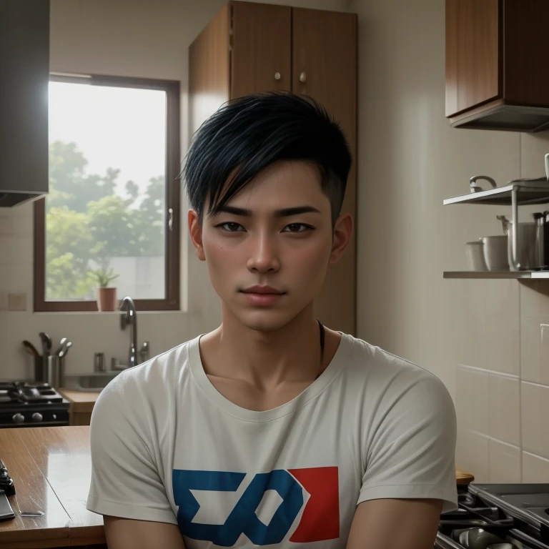There was a young man standing in the kitchen with a stove., Inspired by Adam Dario Kiel, Portrait in the middle of a shot, Ramil Sunga, Rick Dai, Screenshot from the movie, Damian Tran, shot with canon eoa 6 d mark ii, Shot with canon 5d mk4, John Jude Palencar, Inspired by Jorge Jacinto