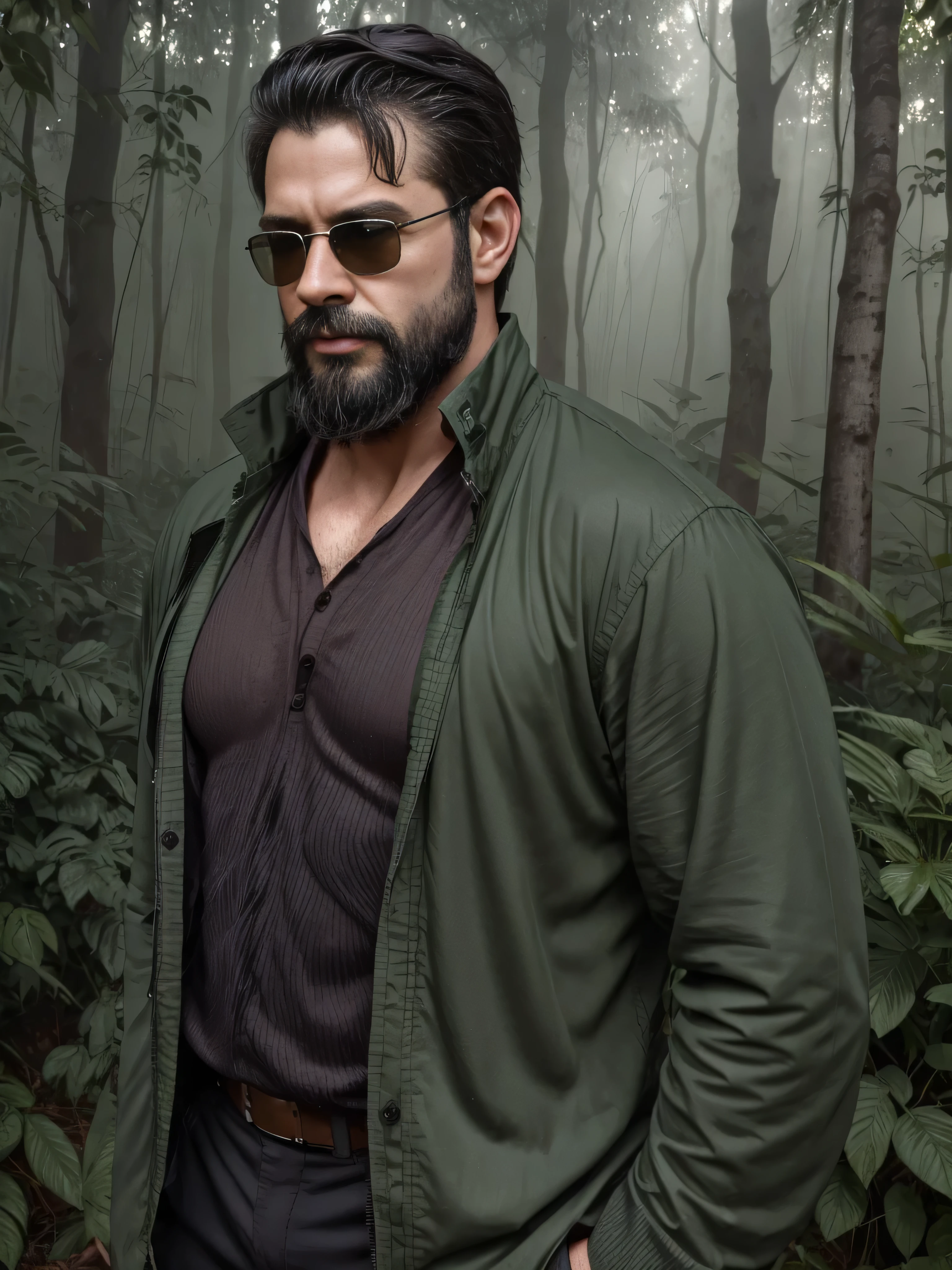 Create an ultra-detailed digital art image featuring a very masculine 38-year-old man with a beard and wearing dark sunglasses. He is shown in a medium shot, displaying the upper part of his body. The setting is a serene and mystical forest at dawn, with soft sunlight filtering through the trees. He wears a rugged, dark green jacket over a fitted shirt, blending with the natural surroundings. The forest is filled with lush greenery, dappled light, and an ethereal mist that adds a touch of magic to the scene. His expression is calm and contemplative, perfectly fitting the tranquil environment. The image should be rich in detail, capturing the texture of his clothing, the reflection in his sunglasses, and the serene beauty of the forest.