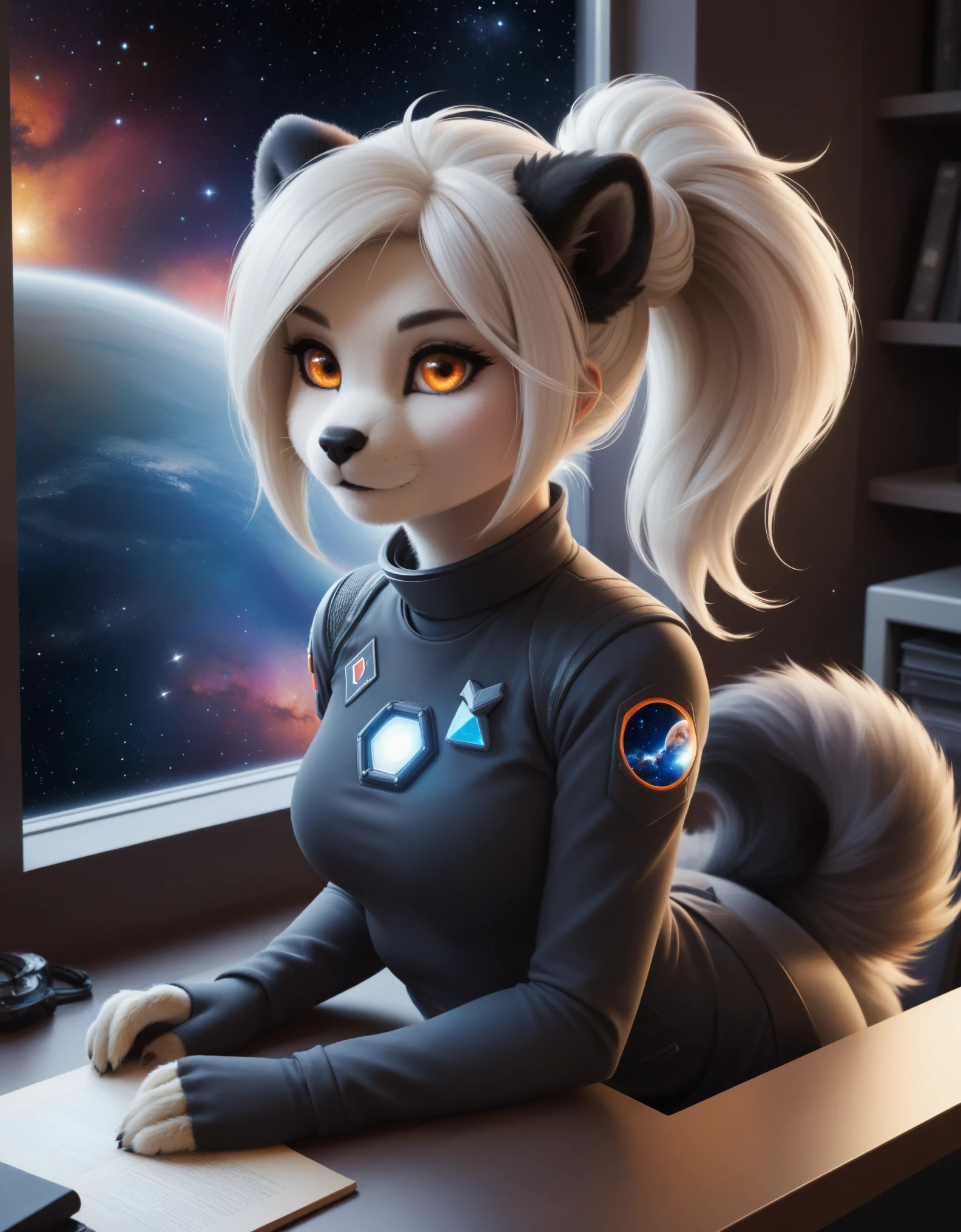 1girl,furry,anthro,long tail,  space station, large window, outer space, nebula, partially undressed, looking at viewer, 1girl, furry, s shirt lift, glowing eyes,desk, fkwarning, black fur, white hair, hair bun, orange eyes, shortstack, pov,  leaning forward,