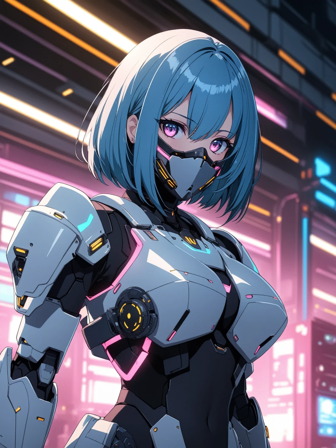 anime screencap, 1man, mecha suit, samurai face mask, cyberpunk neoncore, menpo, upper body, underboob, portrait, armor, shimmering hair, 8K, RAW, best quality, masterpiece, ultra high res, colorful, (medium wide shot), (dynamic perspective), sharp focus , depth of field, bokeh, extremely detailed eyes and face, beautiful detailed eyes,large breasts,trimmed gear,In a futuristic weapons factory, ((masterpiece, best quality)), niji, from side, upper body, hips, cinematic lighting, amazing quality, amazing shading, soft lighting, Detailed Illustration, anime style, wallpaper