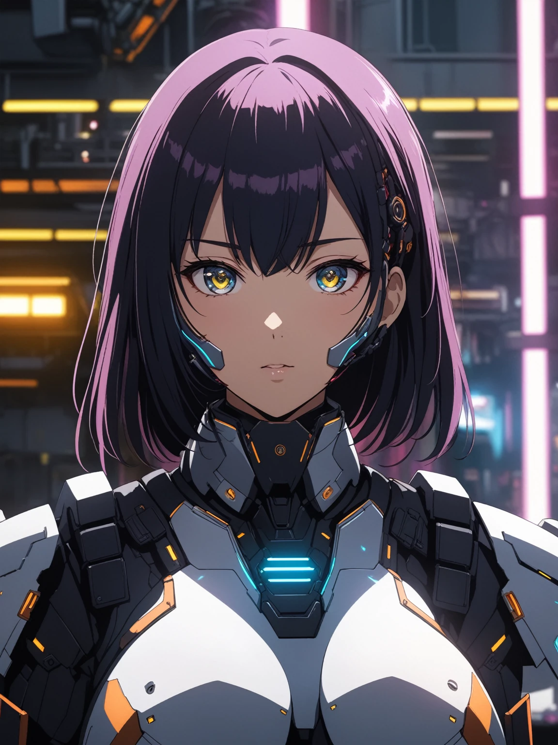 anime screencap, 1man, mecha suit, samurai face mask, cyberpunk neoncore, menpo, upper body, underboob, portrait, armor, shimmering hair, 8K, RAW, best quality, masterpiece, ultra high res, colorful, (medium wide shot), (dynamic perspective), sharp focus , depth of field, bokeh, extremely detailed eyes and face, beautiful detailed eyes,large breasts,trimmed gear,In a futuristic weapons factory, ((masterpiece, best quality)), niji, from side, upper body, , cinematic lighting, amazing quality, amazing shading, soft lighting, Detailed Illustration, anime style, wallpaper