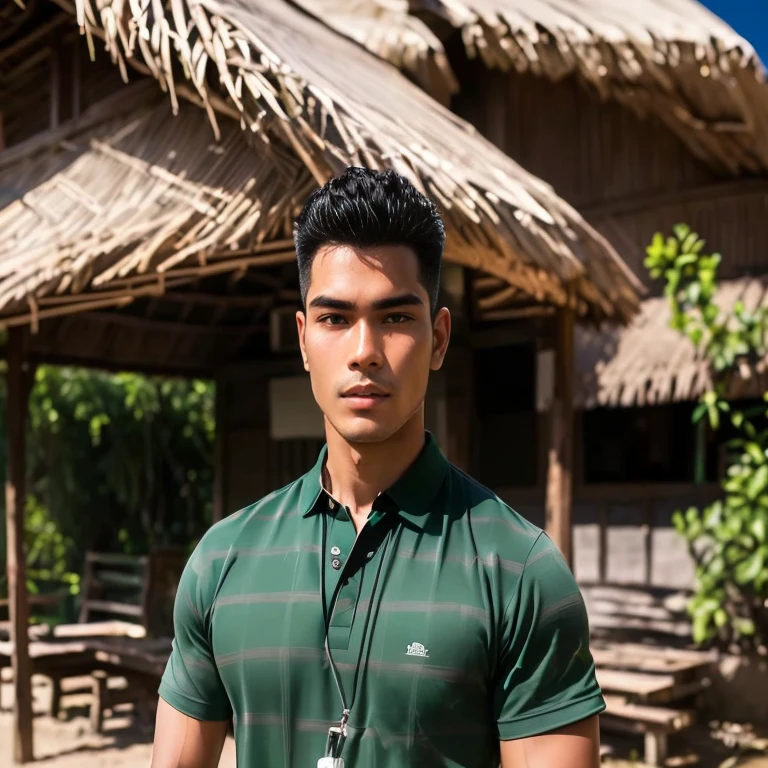 Aaraf man wearing a green shirt holds a mobile phone in front of a hut., In a dark green polo shirt., Inspired by Adam Dario Kiel, Niwan Chandra, Inspired by Robbie Trevino, Ramil Sunga, wearing a polo shirt, Thawan Duchanee, Portrait in the middle of a shot, Inspired by Jorge Jacinto, In a dark teal polo shirt.