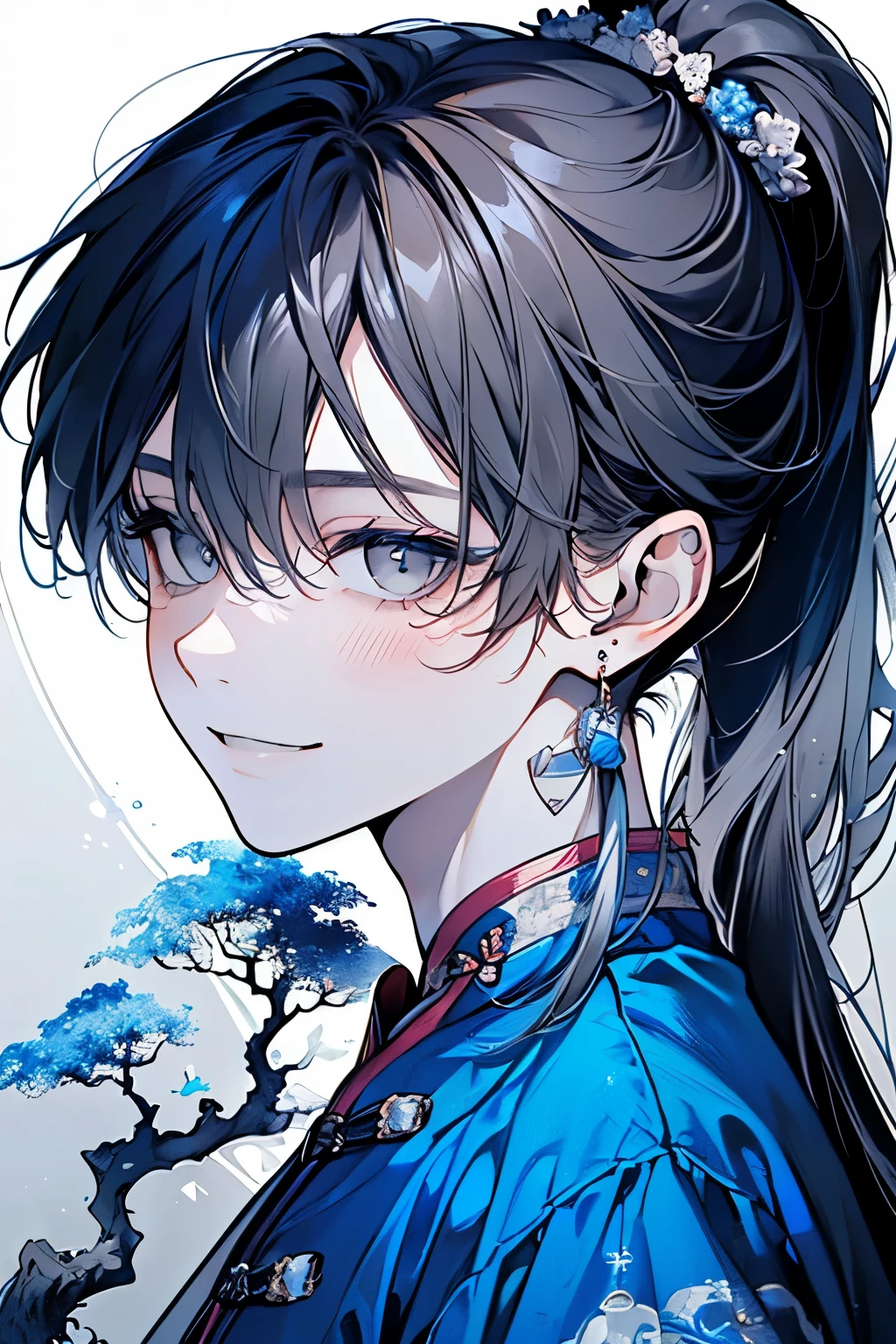 (17 years old man:1.45)、(masterpiece、highest quality、highest quality、Beautiful and beautiful:1.2)、(Good anatomy:1.5)、(Long Ponytail:1.5)、(Rich nature background:1.2)、(Hanfu costume:1.35)、Her cheeks are flushed and she smiles happily.、Close-up of face、Large earrings、((Blue Costume:1.1))、((Grey Eyes:1.3))
