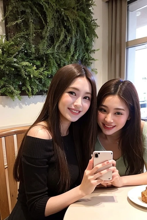 masterpiece, highest quality, Realistic, Take a selfie in a stylish cafe。On the table are cakes and used towels.。The cafe has a modern and chic design.、Cozy lighting、elegant furnishings、And there are decorative plants around。People taking selfies are smiling、A happy moment captured in this sophisticated atmosphere。