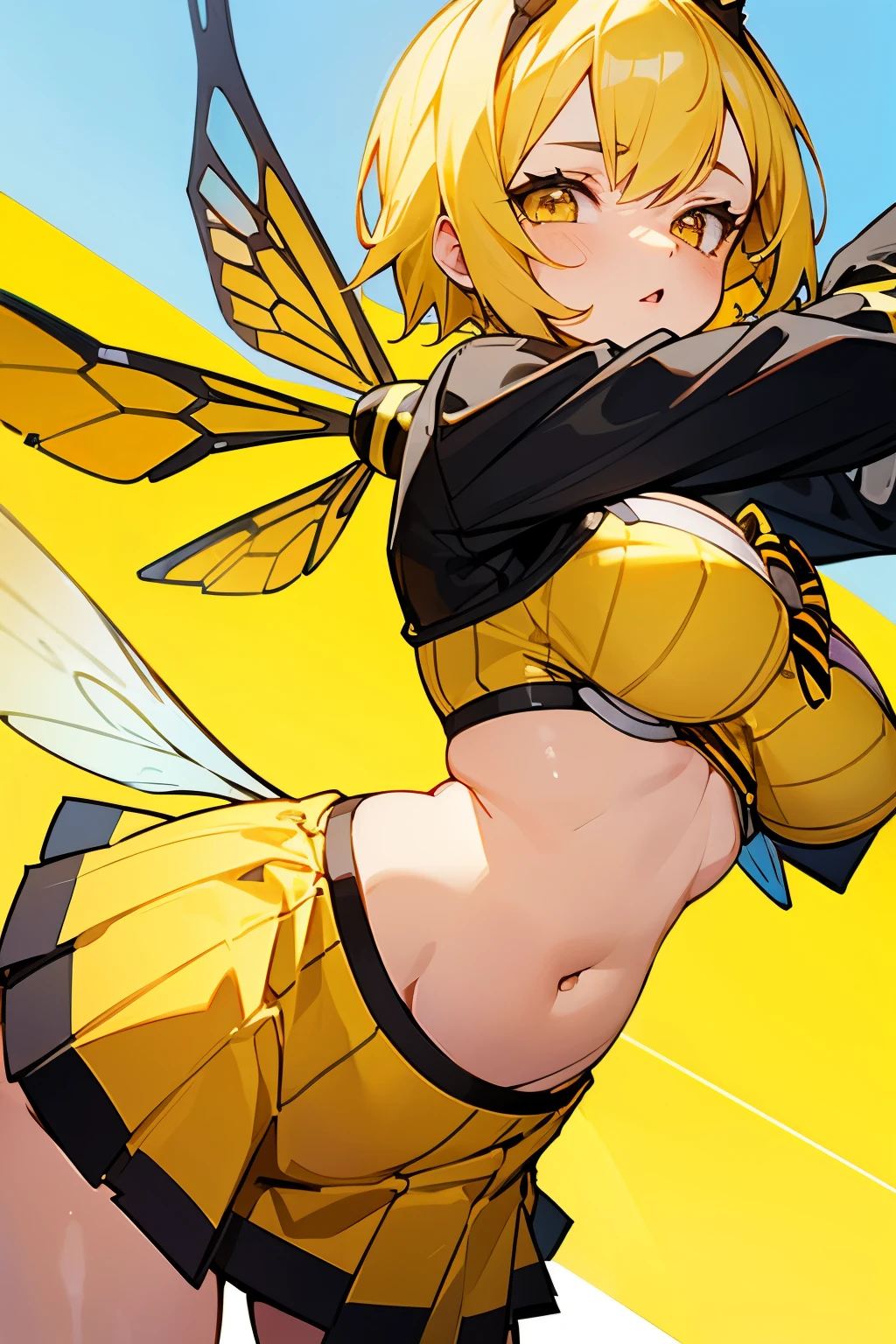 Girl, bee, short yellow hair, yellow eyes, striped bee costume, big breasts, exposed belly, short skirt, bee wings, queen bee, blue background