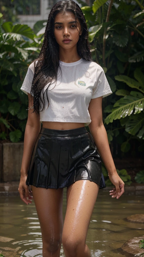 Indian model, 15 year old girl, athletic body type,dark brown oily skin, glossy red lips,long black hair, wearing cotton uniform, wet body, wet cotton uniform short skirt,see through clothes,raining, outdoor background, greenish background, full body view, high resolution