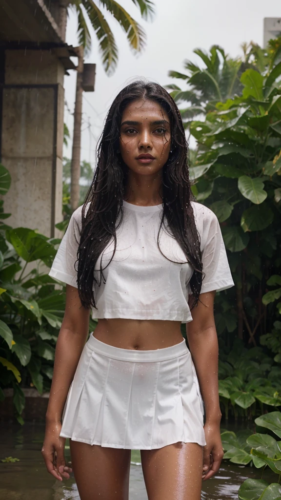 Indian model, 15 year old girl, athletic body type,dark brown oily skin, glossy red lips,long black hair, wearing cotton uniform, wet body, wet cotton uniform short skirt,see through clothes,raining, outdoor background, greenish background, full body view, high resolution