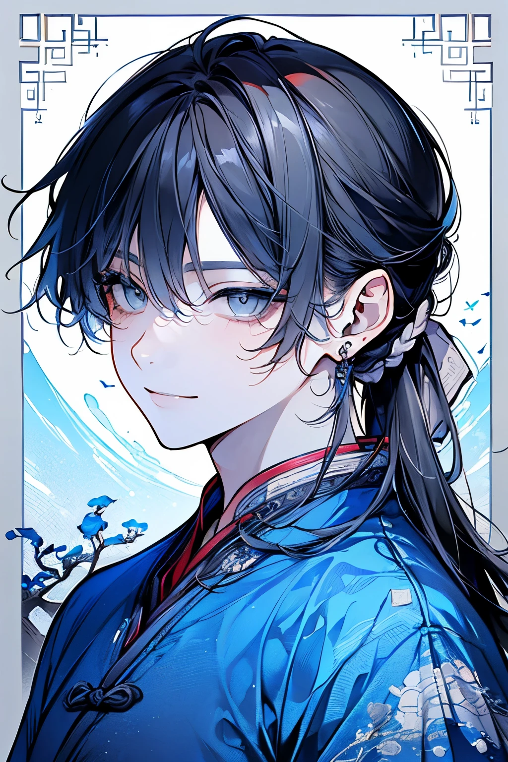 (Adult male:1.45)、(masterpiece、highest quality、highest quality、Beautiful and beautiful:1.2)、(Good anatomy:1.5)、(Long Ponytail:1.5)、(Rich nature background:1.2)、(Hanfu costume:1.35)、Her cheeks are flushed and she smiles happily.、Close-up of face、Large earrings、((Blue Costume:1.1))、((Grey Eyes:1.3))