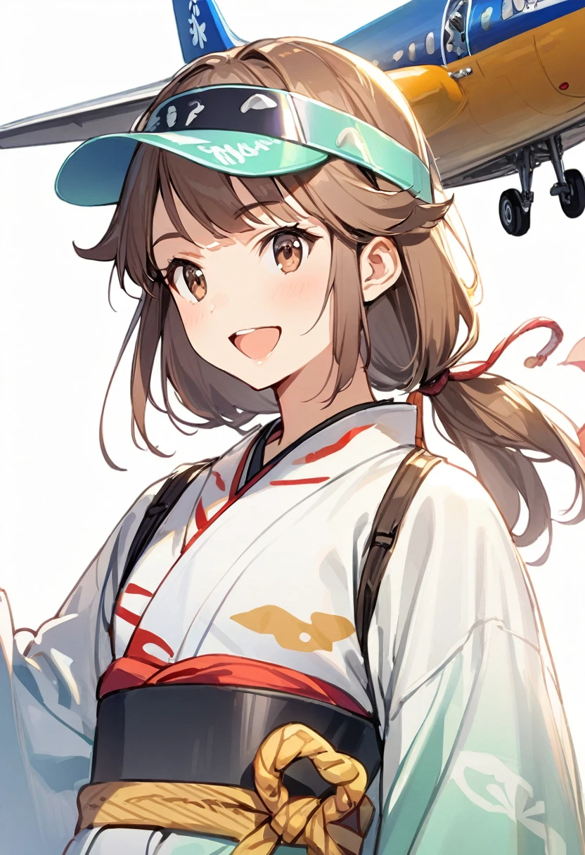 1 Girl, Ryujo (cancolle), One, Brown hair, ponytail, Brown eyes, visor, Magatama, open mouth, airplane, smile, airplane, White background, japanese clothing, simple background, his post, Upper body, long hair