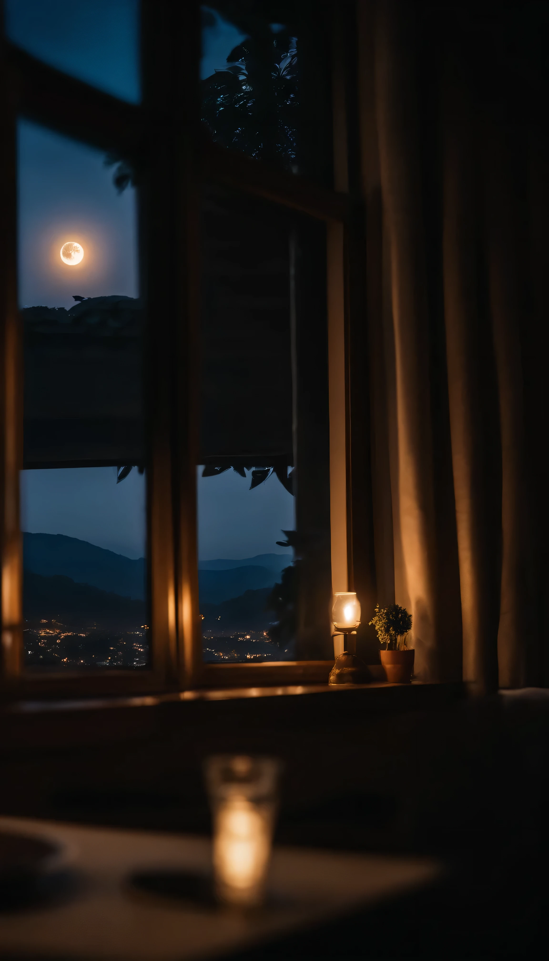 moon, the sun has set, Bogor peak, night lights, cafe dimly lit, view out the window, Villa, Midnight