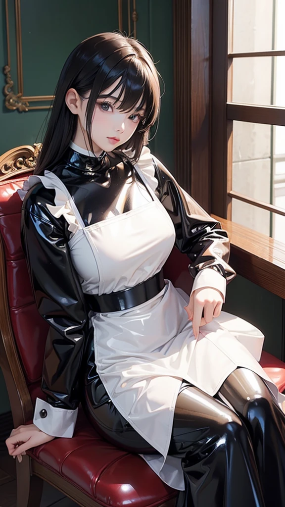 beautiful25Old Japanese woman、Latex maid outfit、Long sleeve、Tight long skirt、Latex shirts、Sitting in a chair、Latex has a strong shine, like oil.、The clothes fit very well