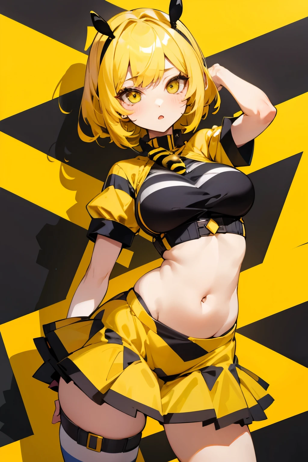 Girl, bee, short yellow hair, yellow eyes, striped bee costume, big breasts, exposed belly, short skirt,