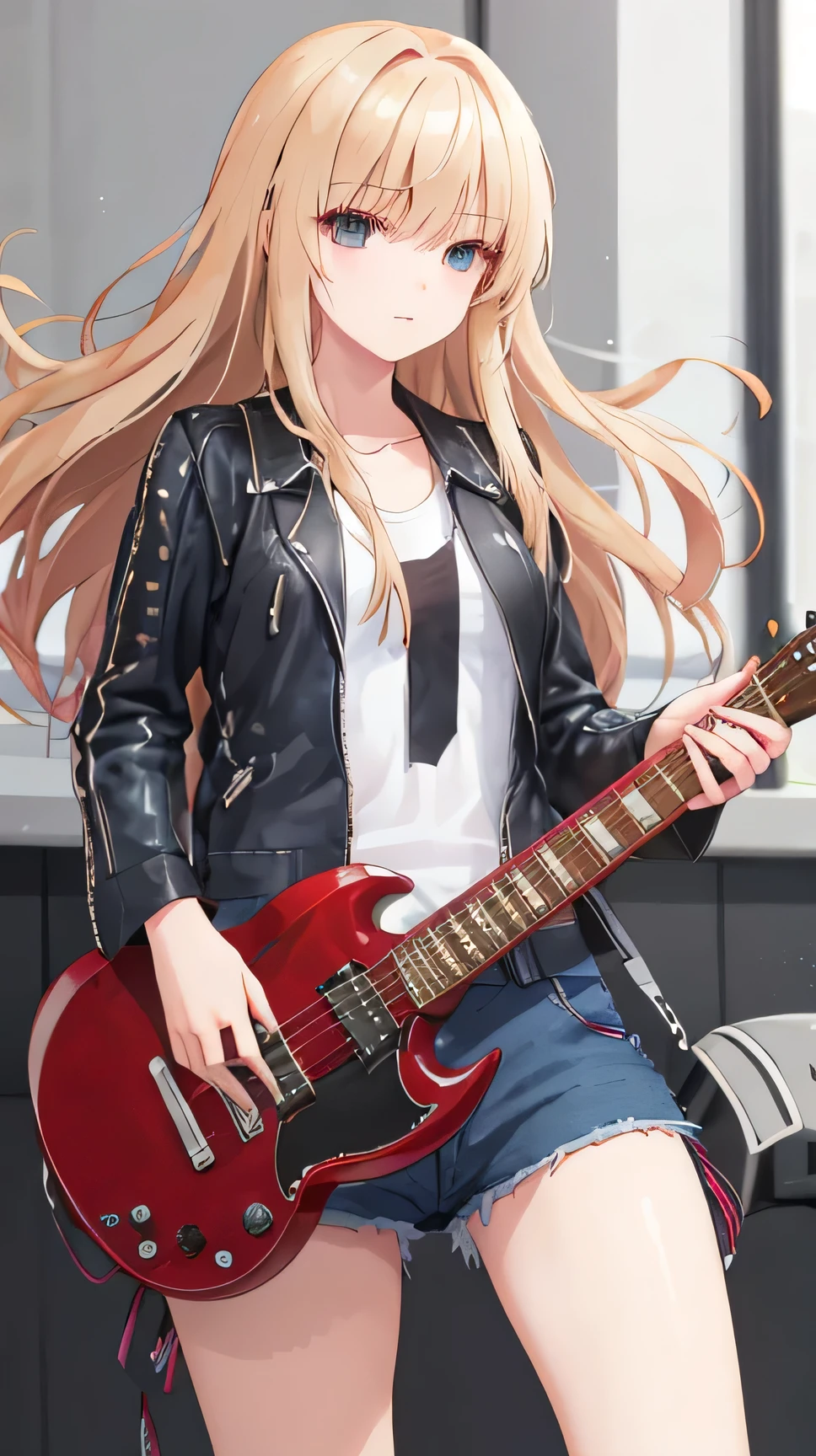 Blonde Hair, Hair that falls over the shoulders, Messy Hair, masterpiece, (Textured skin), highest quality, Gorgeous adult woman, (Rock band guitarist), T-Shirts, Leisure jacket, choker, (Electric guitar), fender, (At the live venue)