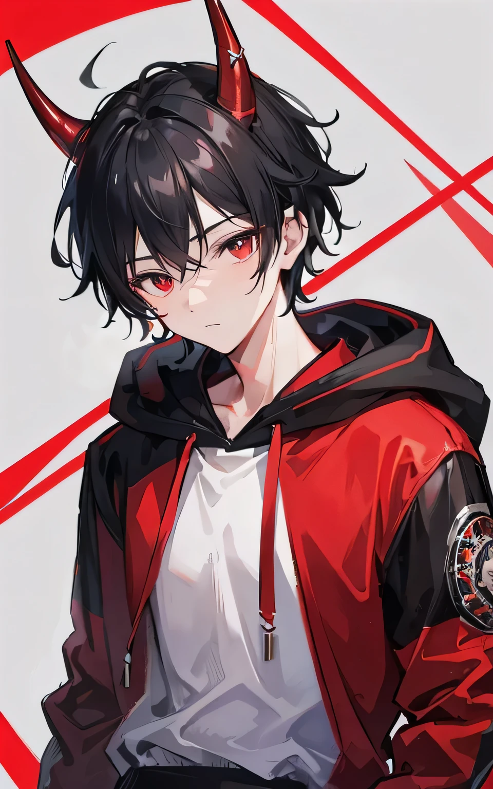 Super detailed, 8k, boy , Black hair , red Hoodie, gray trousers, very detailed faces, horn on the head,