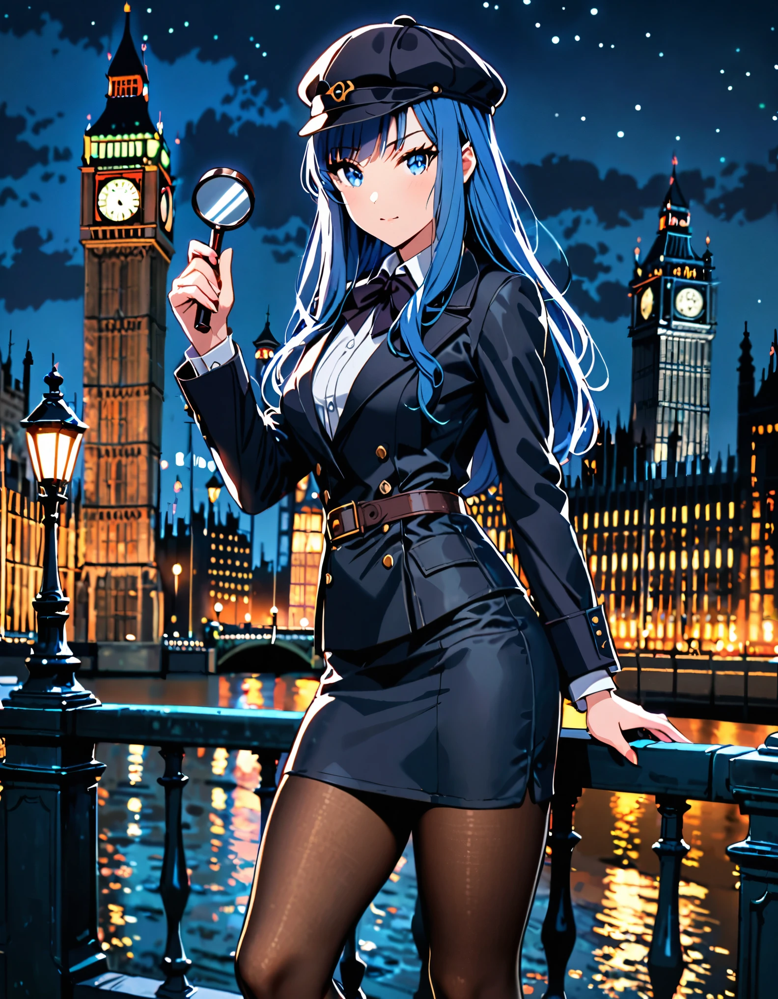 ((masterpiece)), ((high quality)), ((high res)), solo, solo focus, 1girl, blue_hair, blue eyes, beautiful detailed eyes, long hair, bangs, boots, hat, knee boots, pantyhose, pencil skirt, skirt, solo, sherlock holmes cosplay, (perfect hands, holding magnifying glass), london backdrop, night