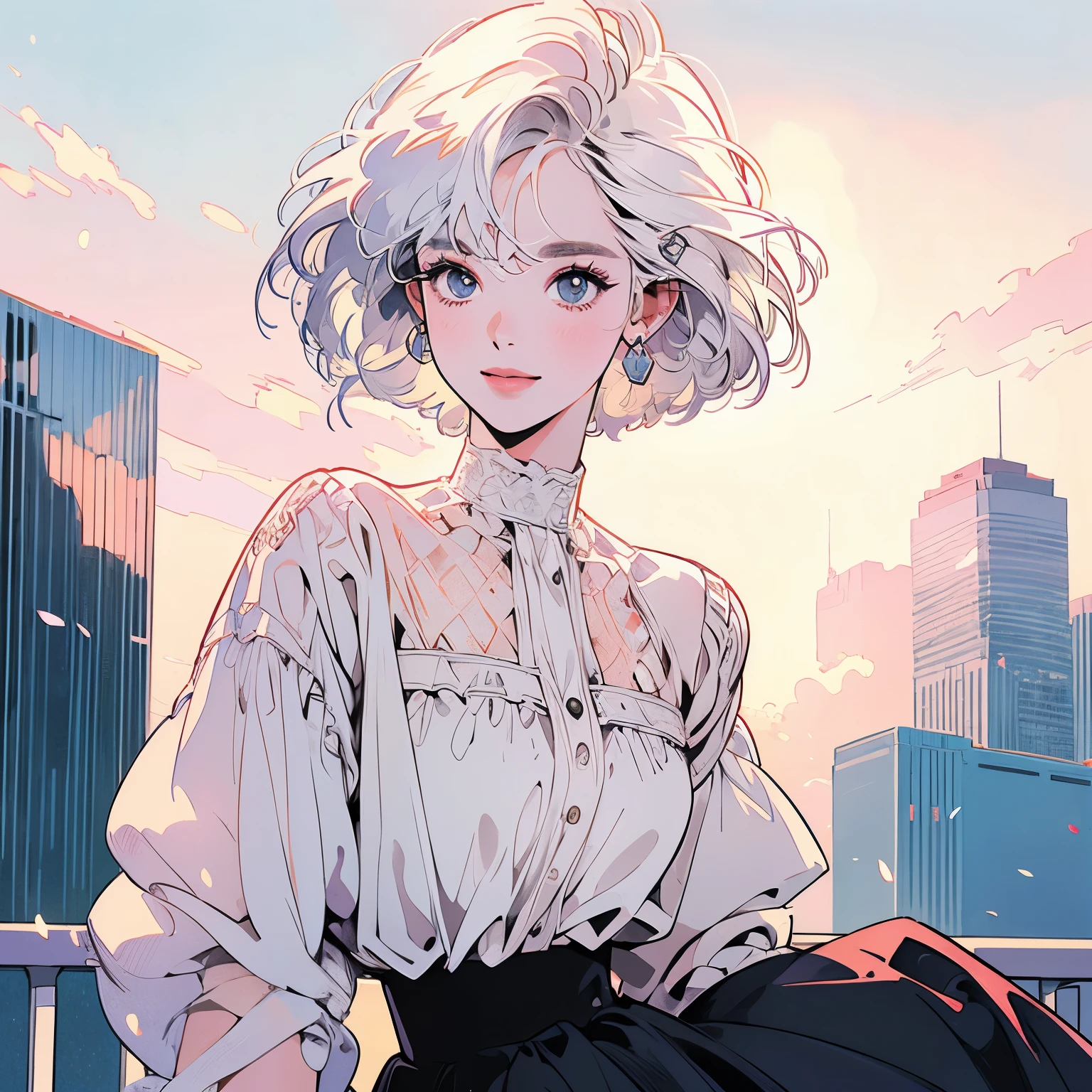 whole body、Kind Face、1 pretty woman、4k、White blouse、skirt、Rooftop、skyscraper、Large space、Sunset、Complex background、Detailed Hair、smile、pale white hair、Faint lighting、short hair length、There is movement