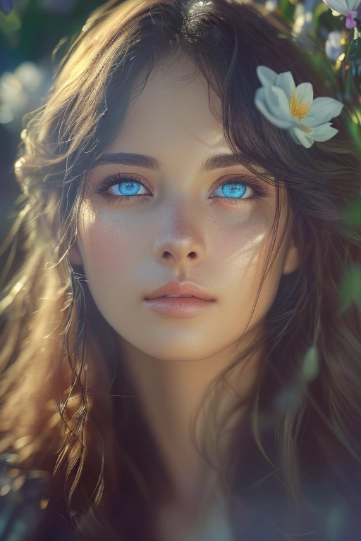 (best quality,4k,8k,highres,masterpiece:1.2),ultra-detailed,(realistic,photorealistic,photo-realistic:1.37),beautiful detailed eyes,beautiful detailed lips,extremely detailed blue eyes and face,longeyelashes,flowing hair,garden scenery,colorful flowers,butterflies flying,soft lighting,rich colors,medium: oil, high nose,  