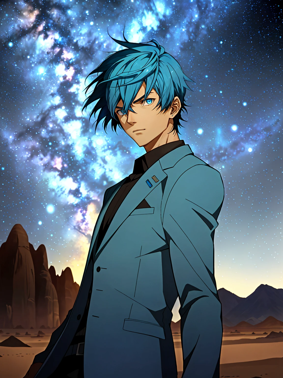 Anime - Man with short blue hair and blue suit,Desert at night,blue eyes,against the background of the Milky Way,Starry Sky,