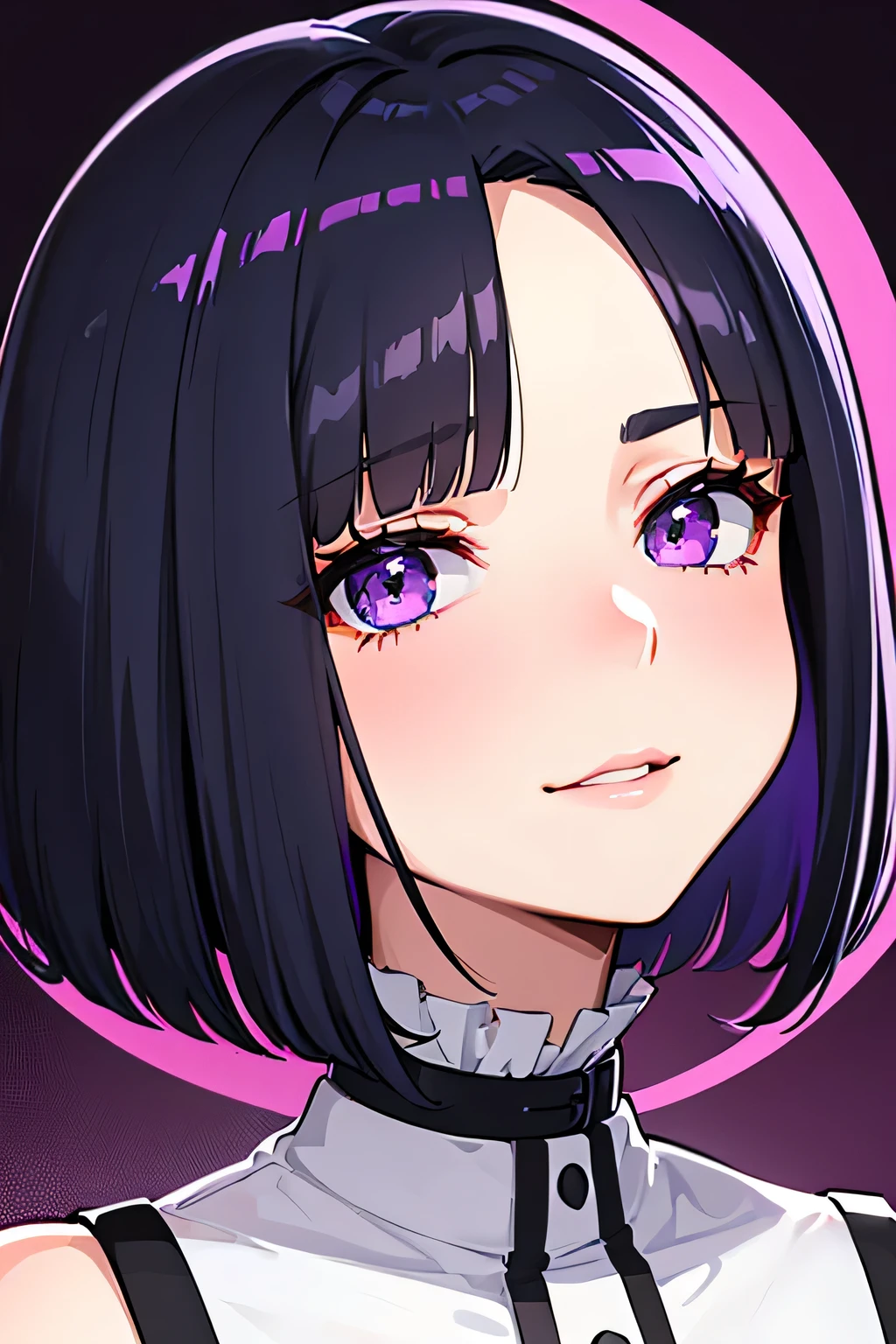 Anime style portrait of a girl with a dark violet bob cut looking into the camera, Bright Eyes, Baby Face, smile, Minimalistic backgrounds that emphasize characters, High Contrast, Clean Lines, Digital Painting, Vibrant colors, The girl has a bob cut hair, cut at the jaw line. Her hair is deep purple、The hair is parted in the middle of the forehead。, Barely peeking out from the eyebrows. The other short hair frames the face on either side of the bangs., Reaches just above the eyes, The side hair is cut above the ears. The hair on top has a little volume、It creates a rounded silhouette overall.. The hair texture is smooth, Shining and vibrant. Style the ends of your hair lightly inwards.