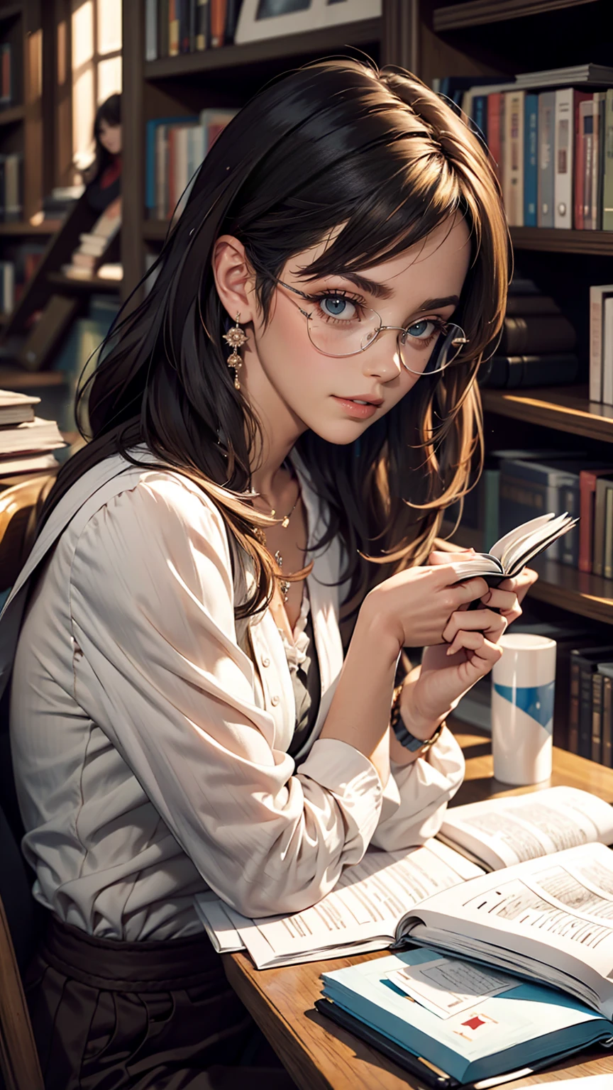 A person concentrating on studying in a library、White woman