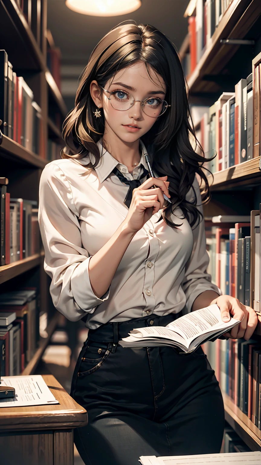 A person concentrating on studying in a library、White woman
