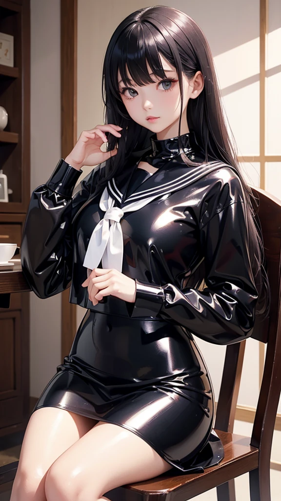 Beautiful Japan 、Long-sleeved sailor suit made of black latex、Tight long skirt made of latex、Latex shirts、Sitting in a chair、Latex has a strong shine, like oil.、The clothes fit very well